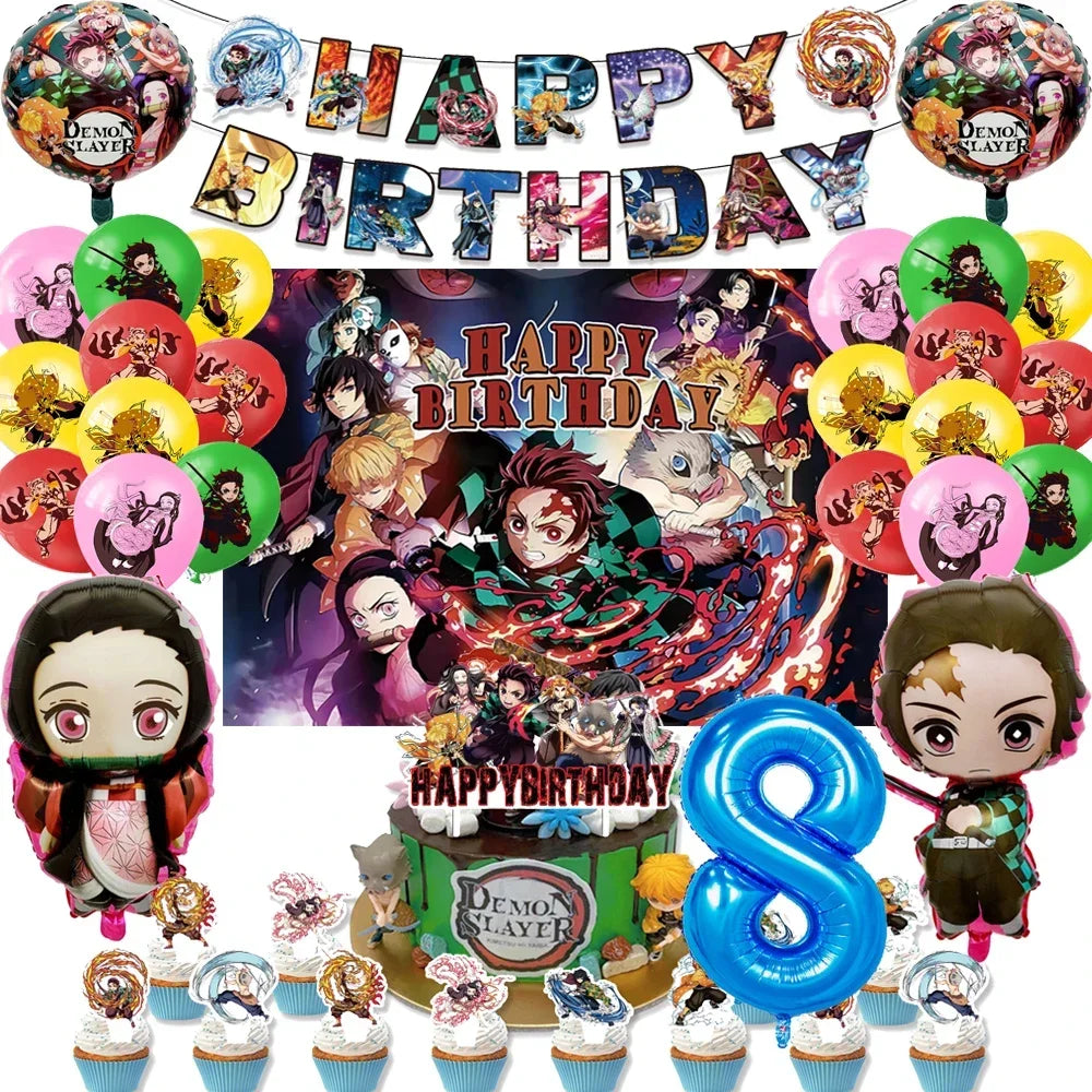 Demon Slayer Kimetsu No Yaiba Birthday Party Kit - Complete Tableware Supplies, Latex Balloons, Background Banner, Cake Topper & Toys