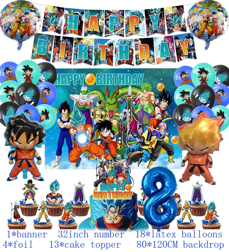 Anime Dragon Ball Birthday Party Decor Set - Includes Latex & Dragon Foil Balloons, Photo Backdrop Banner, Cake Topper - Perfect for Baby Showers & Celebrations