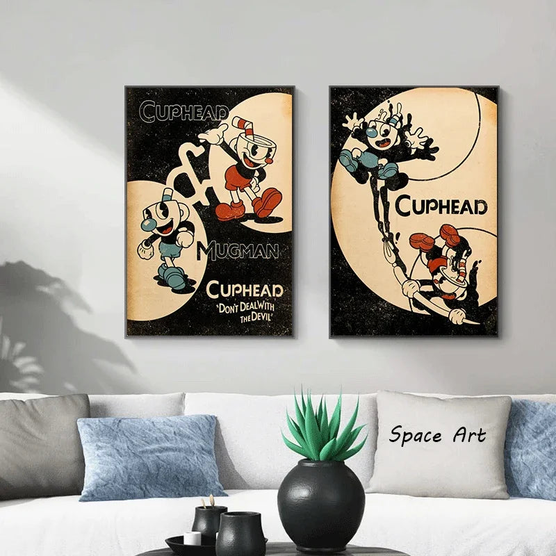 Classic Cuphead Game Characters Wall Art - Retro Anime Cartoon HD Canvas Print - Ideal for Home Living Room & Bedroom Decor