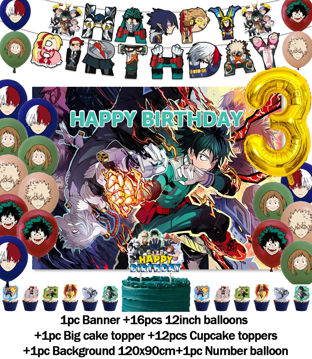 Hot Anime My Hero Academia Theme Kids Birthday Party Digital Balloon Banner Cake Topper Background Decoration Supplies