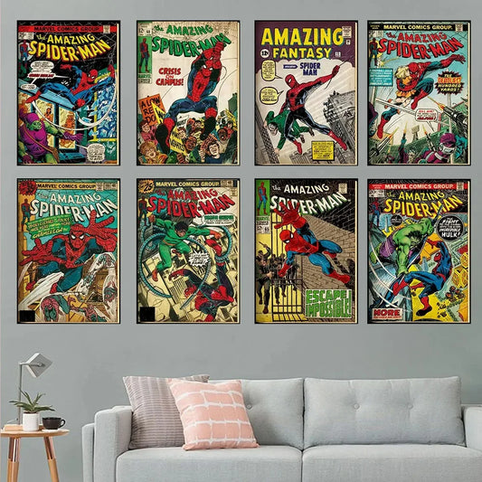 Vintage Marvel Spiderman Canvas Posters - Superhero Comics Wall Art Prints - Perfect for Boy's Bedroom Decor