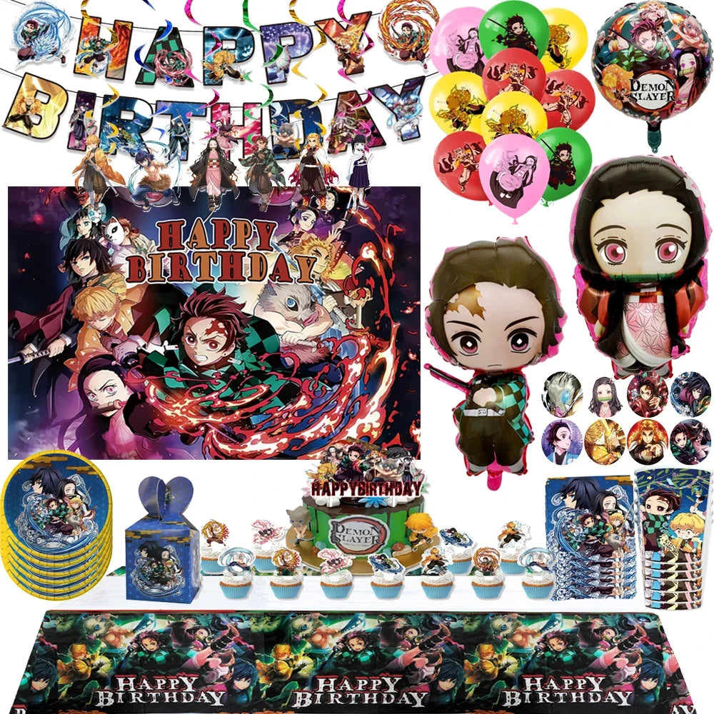 Demon Slayer Kimetsu No Yaiba Birthday Party Kit - Complete Tableware Supplies, Latex Balloons, Background Banner, Cake Topper & Toys