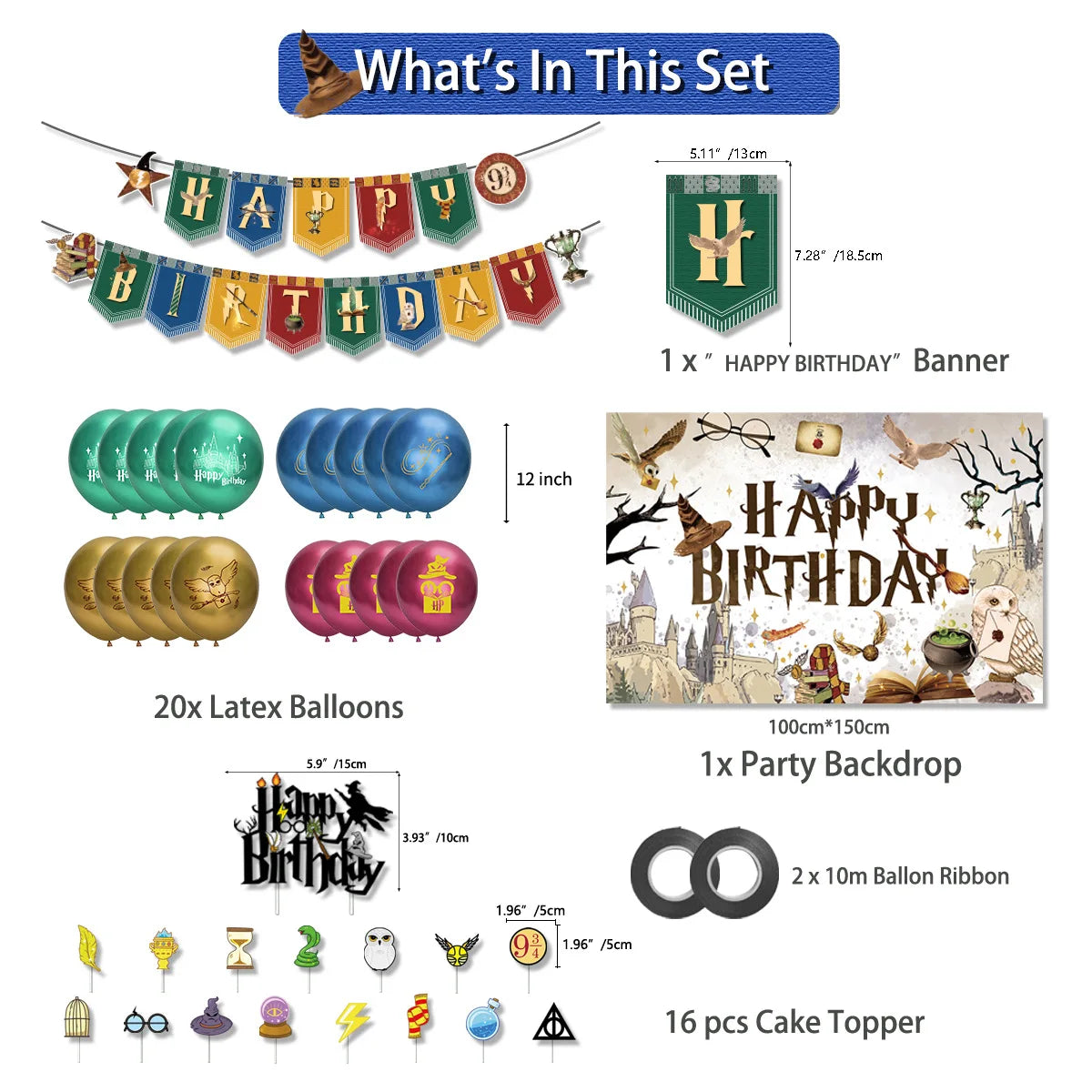 Harry Potter Hogwarts Birthday Party Supplies Set - Disposable Banner, Cake Topper, Hanging Flags & Balloons - Magical Wizard Theme Decorations