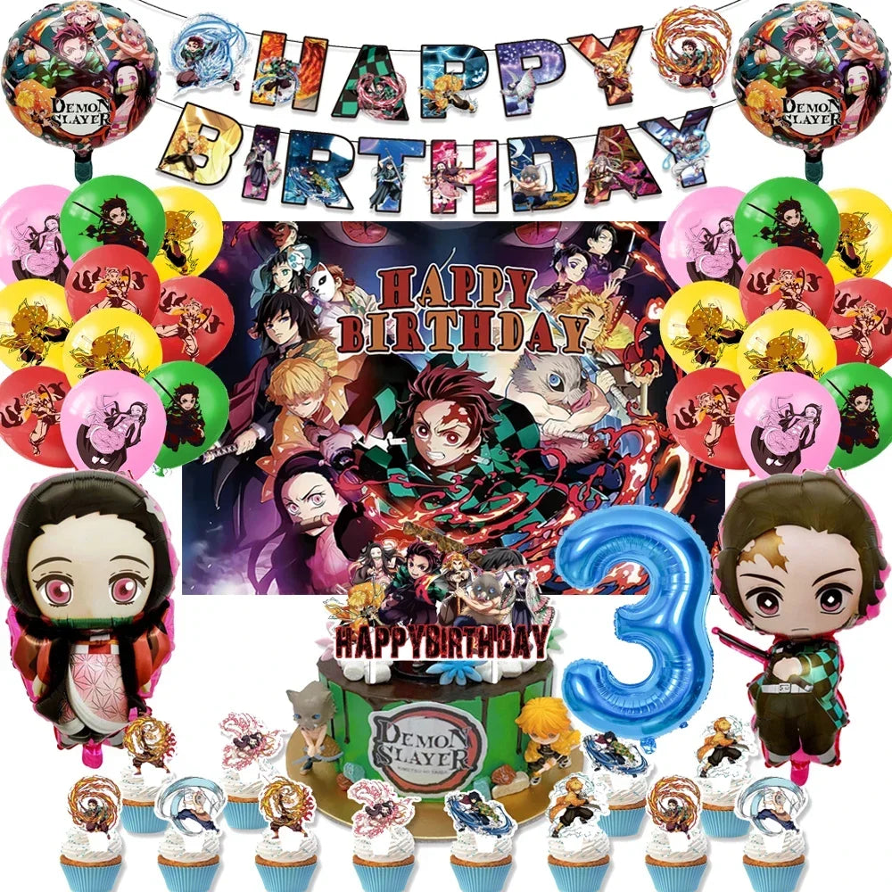 Demon Slayer Kimetsu No Yaiba Birthday Party Kit - Complete Tableware Supplies, Latex Balloons, Background Banner, Cake Topper & Toys