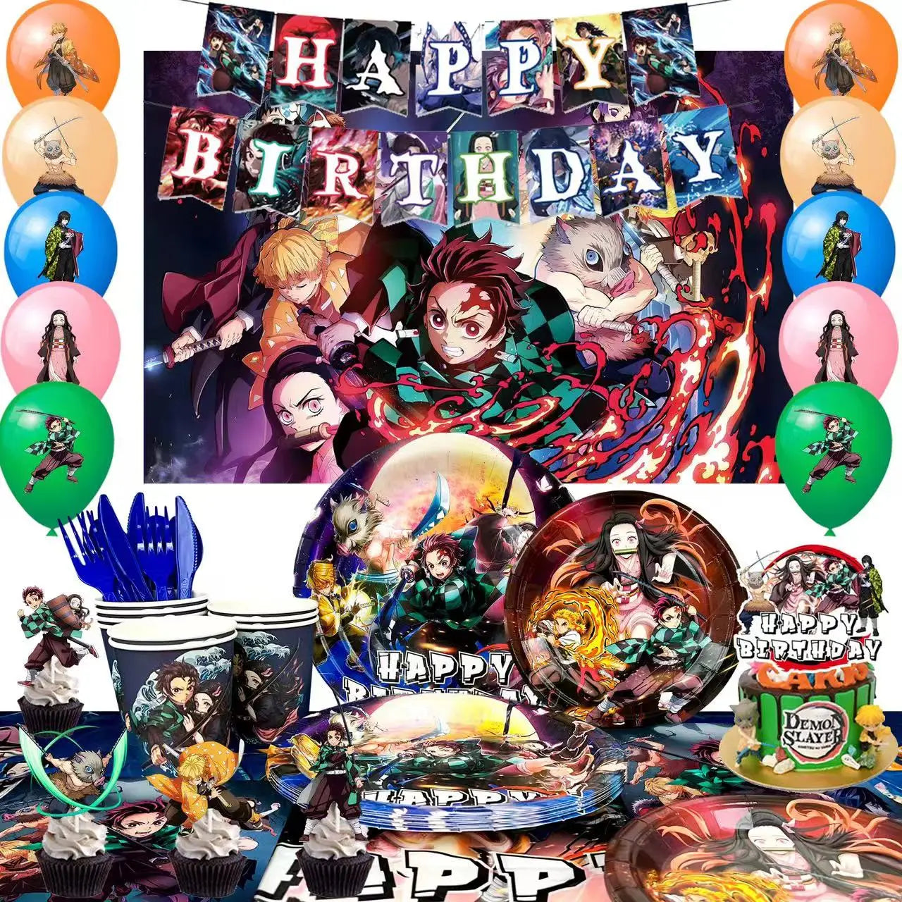 Demon Slayer Birthday Party Kit - 112pcs Complete Decorations & Tableware Set - Includes Banner, Balloons, Plates, Backdrop & More