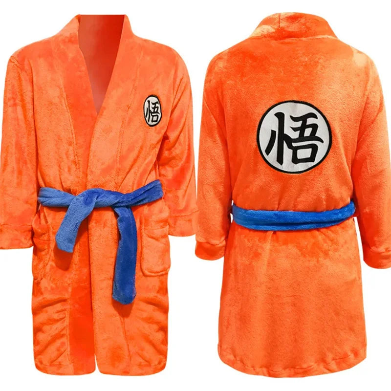 Dragon Ball Goku Themed Flannel Bathrobe - Unisex Adult Anime Sleepwear & Night Robe - Casual Home Clothing