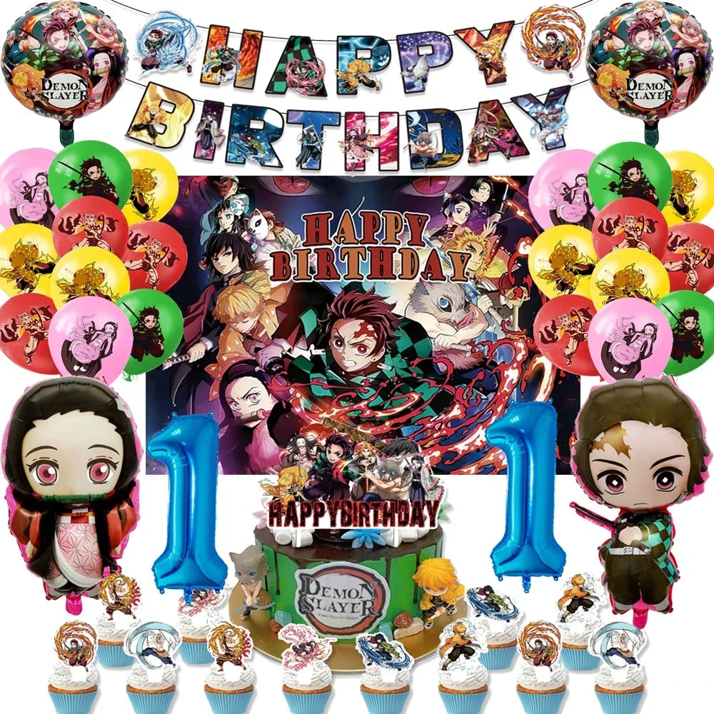 Demon Slayer Kimetsu No Yaiba Birthday Party Kit - Complete Tableware Supplies, Latex Balloons, Background Banner, Cake Topper & Toys