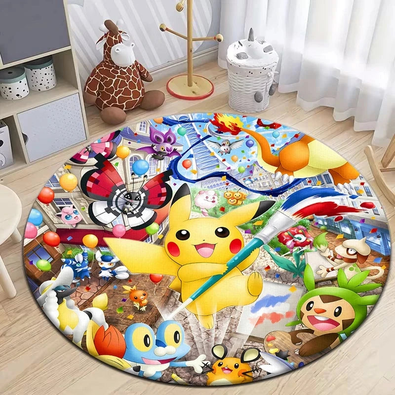 Pokémon Round Carpet - Cute Cartoon Printed Mat for Bedroom, Living Room, and Door - Retro Anime Area Rug for Picnic and Home Decor