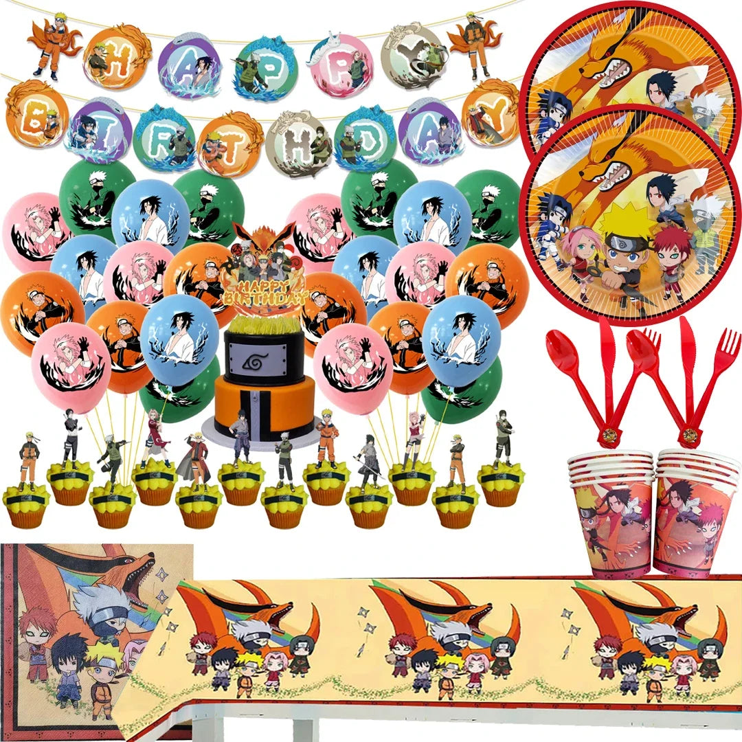 Cool Naruto Anime Birthday Party Set - Disposable Cake Topper, Hanging Flags, Balloon Suits - Complete Decorations for Naruto-Themed Celebration