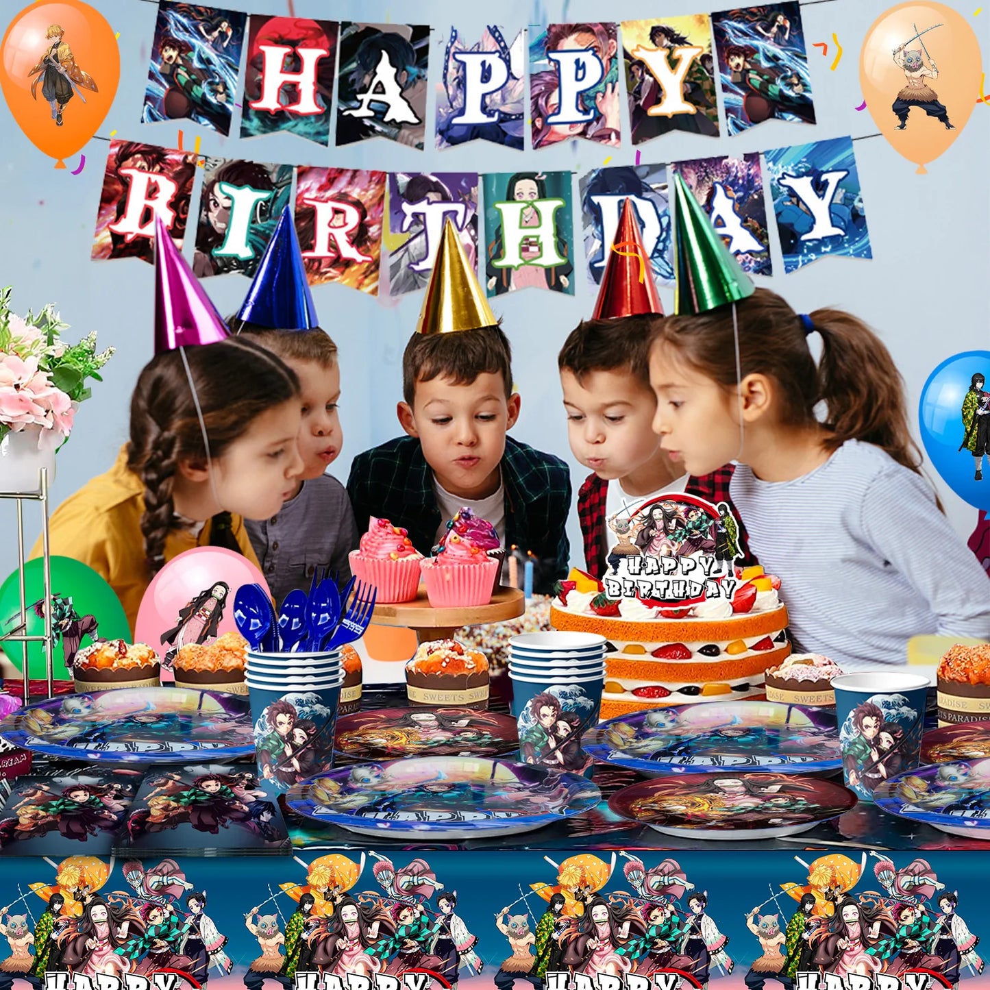 Demon Slayer Birthday Party Kit - 112pcs Complete Decorations & Tableware Set - Includes Banner, Balloons, Plates, Backdrop & More