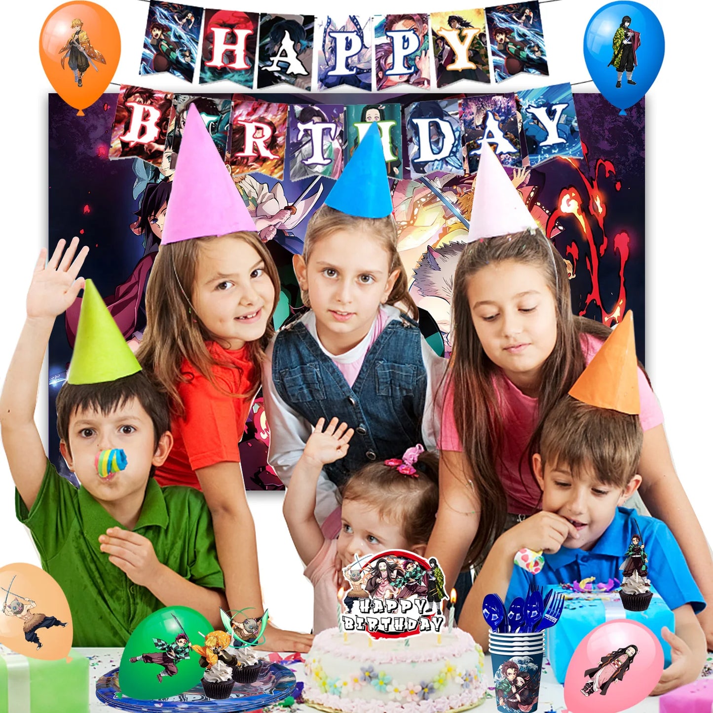 Demon Slayer Birthday Party Kit - 112pcs Complete Decorations & Tableware Set - Includes Banner, Balloons, Plates, Backdrop & More