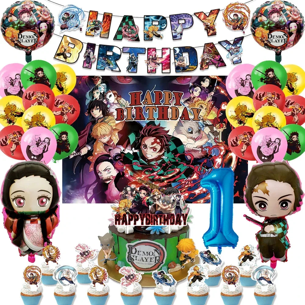 Demon Slayer Kimetsu No Yaiba Birthday Party Kit - Complete Tableware Supplies, Latex Balloons, Background Banner, Cake Topper & Toys