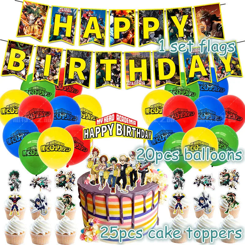 My Hero Academia Party Supplies Set - Includes Balloons, Flags, Cake Toppers - Birthday & Baby Shower Decorations - Kid-Friendly Anime Air Globos