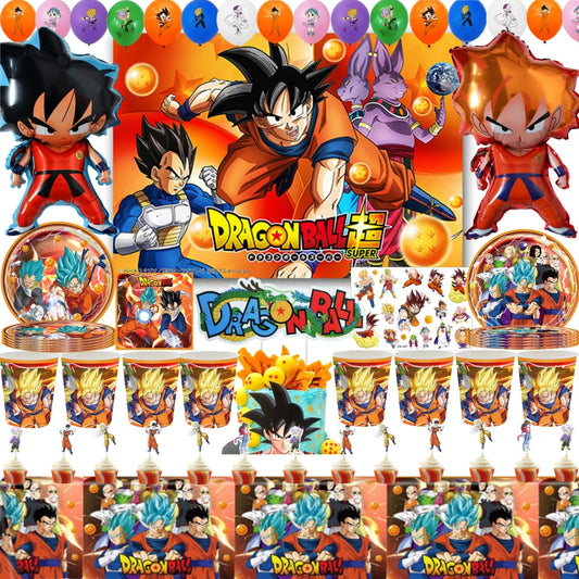 Dragon Ball Super Birthday Party Supplies - Goku Anime Theme Decorations - Disposable Tableware Set Includes Tablecloth, Plates, Cups, Balloons