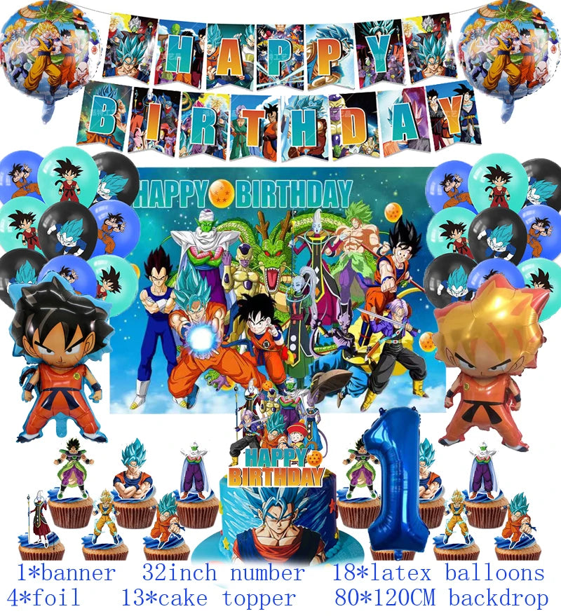 Anime Dragon Ball Birthday Party Decor Set - Includes Latex & Dragon Foil Balloons, Photo Backdrop Banner, Cake Topper - Perfect for Baby Showers & Celebrations