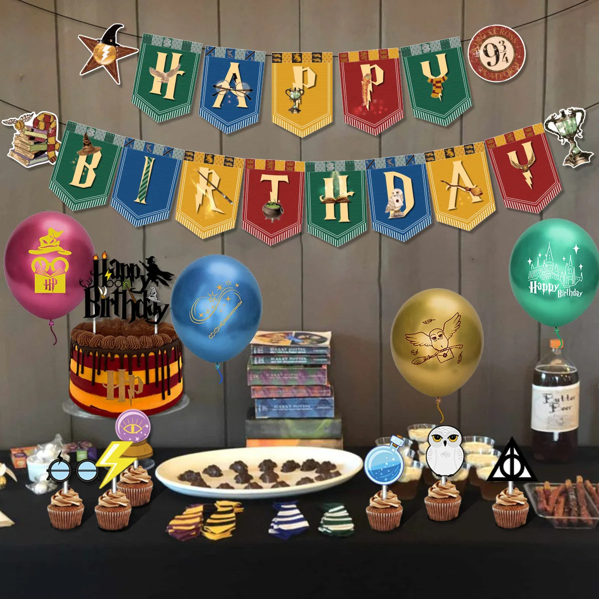 Harry Potter Hogwarts Birthday Party Supplies Set - Disposable Banner, Cake Topper, Hanging Flags & Balloons - Magical Wizard Theme Decorations