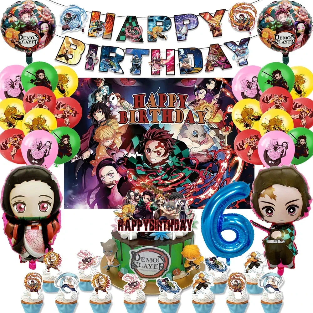 Demon Slayer Kimetsu No Yaiba Birthday Party Kit - Complete Tableware Supplies, Latex Balloons, Background Banner, Cake Topper & Toys