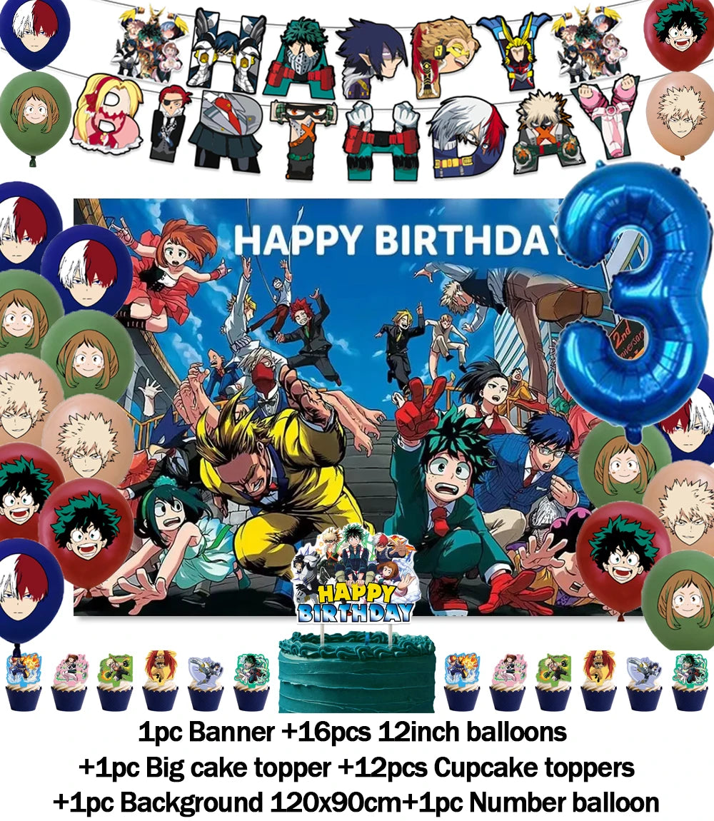 Hot Anime My Hero Academia Theme Kids Birthday Party Digital Balloon Banner Cake Topper Background Decoration Supplies