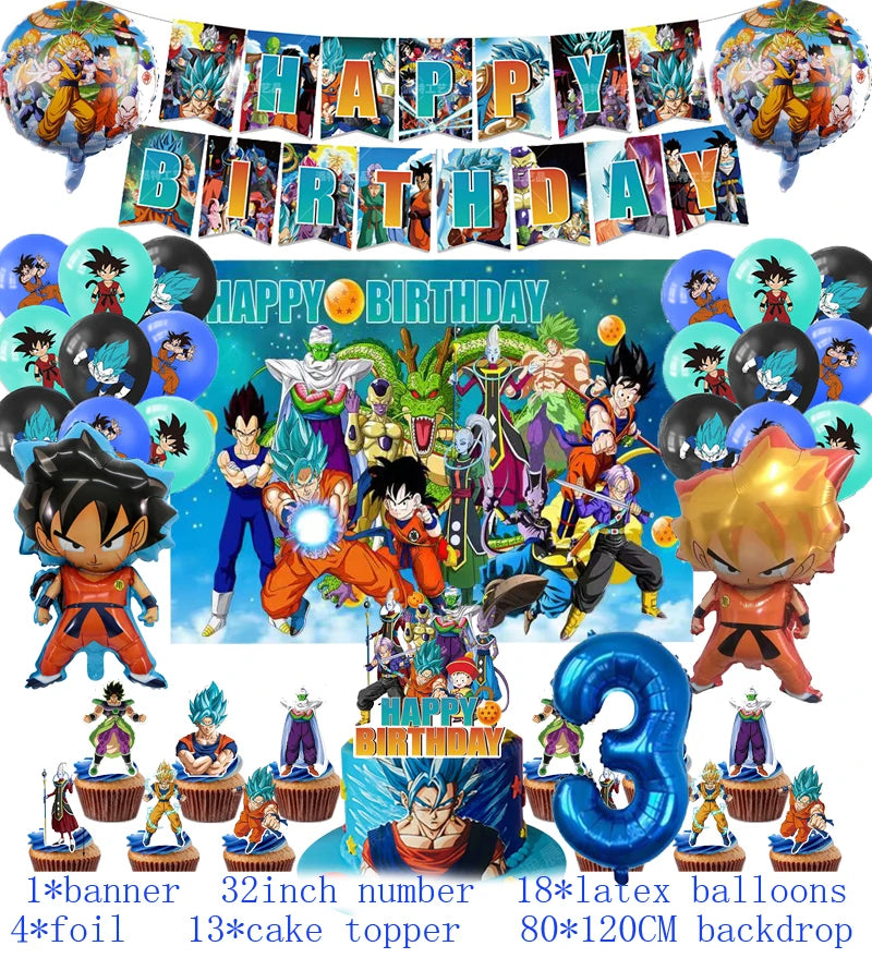 Anime Dragon Ball Birthday Party Decor Set - Includes Latex & Dragon Foil Balloons, Photo Backdrop Banner, Cake Topper - Perfect for Baby Showers & Celebrations