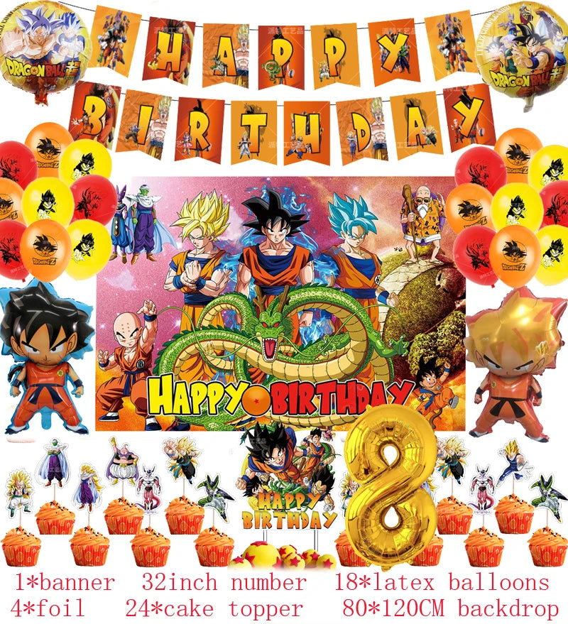 Anime Dragon Ball Birthday Party Decor Set - Includes Latex & Dragon Foil Balloons, Photo Backdrop Banner, Cake Topper - Perfect for Baby Showers & Celebrations