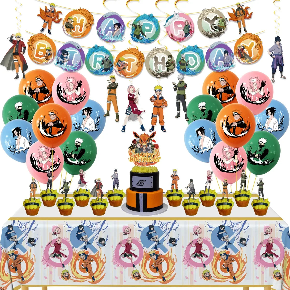 Cool Naruto Anime Birthday Party Set - Disposable Cake Topper, Hanging Flags, Balloon Suits - Complete Decorations for Naruto-Themed Celebration