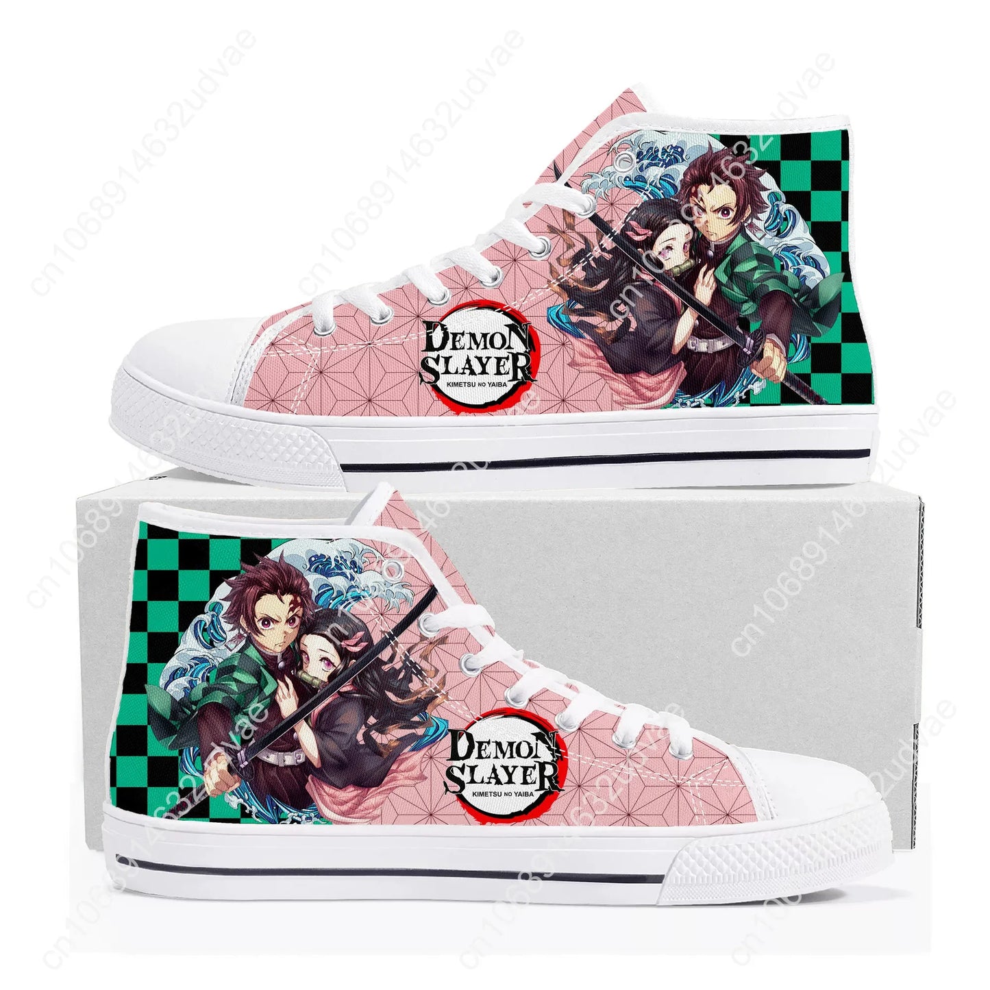 Demon Slayer Kimetsu No Yaiba High-Top Sneakers - Tanjiro & Nezuko Canvas Shoes for Men, Women, and Teenagers - Custom Casual Sneakers