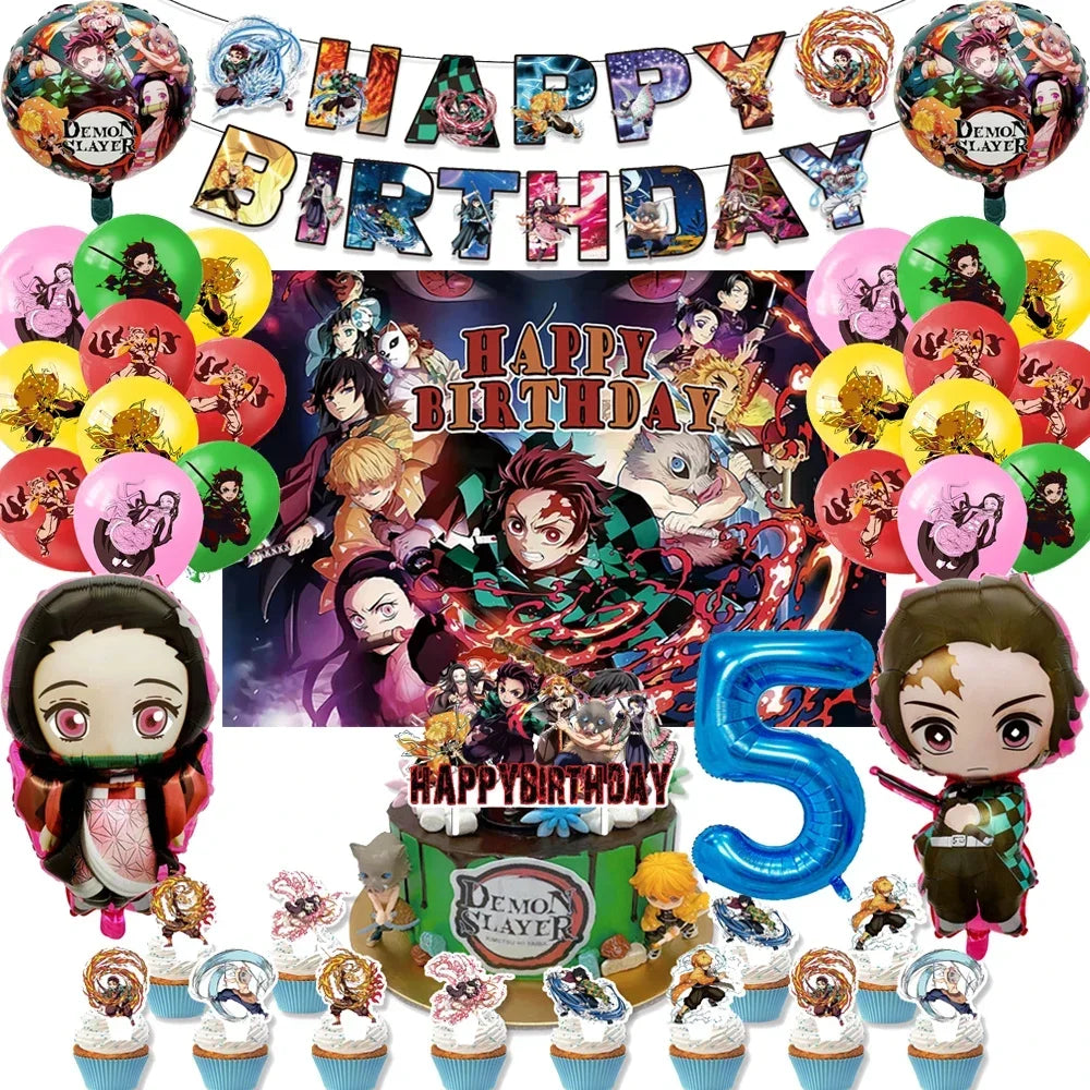 Demon Slayer Kimetsu No Yaiba Birthday Party Kit - Complete Tableware Supplies, Latex Balloons, Background Banner, Cake Topper & Toys