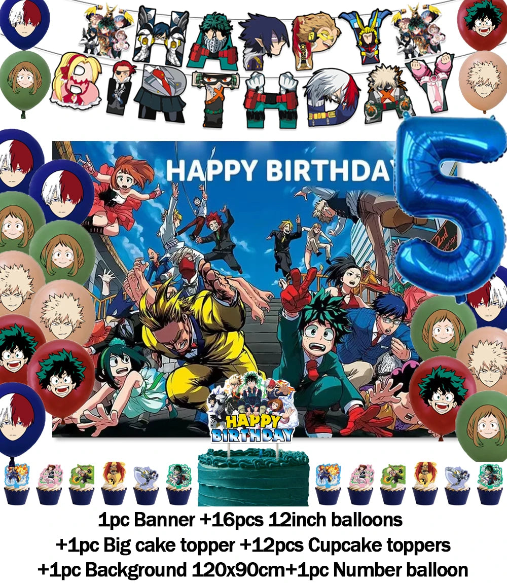 Hot Anime My Hero Academia Theme Kids Birthday Party Digital Balloon Banner Cake Topper Background Decoration Supplies