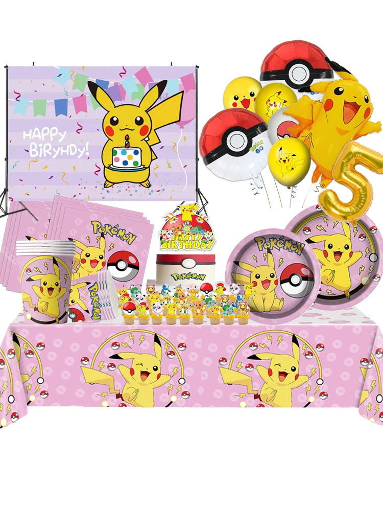 Pink Pikachu Pokemon Party Kit - Birthday & Baby Shower Decorations with Balloons, Stickers, Tablecloth, Cups, Plates - Complete Supplies Set