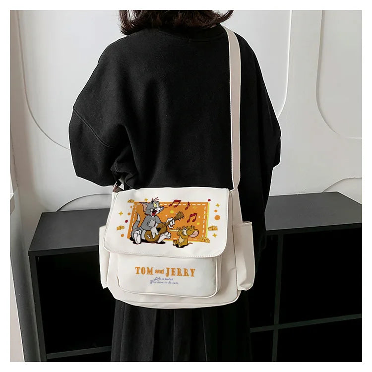 Tom And Jerry Crossbody One Shoulder Backpack Men'S And Women'S Canvas Bags Student Tote Bag Knapsack