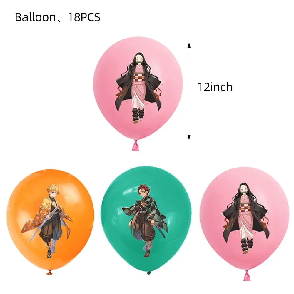 Demon Slayer Kimetsu No Yaiba Birthday Party Kit - Complete Tableware Supplies, Latex Balloons, Background Banner, Cake Topper & Toys