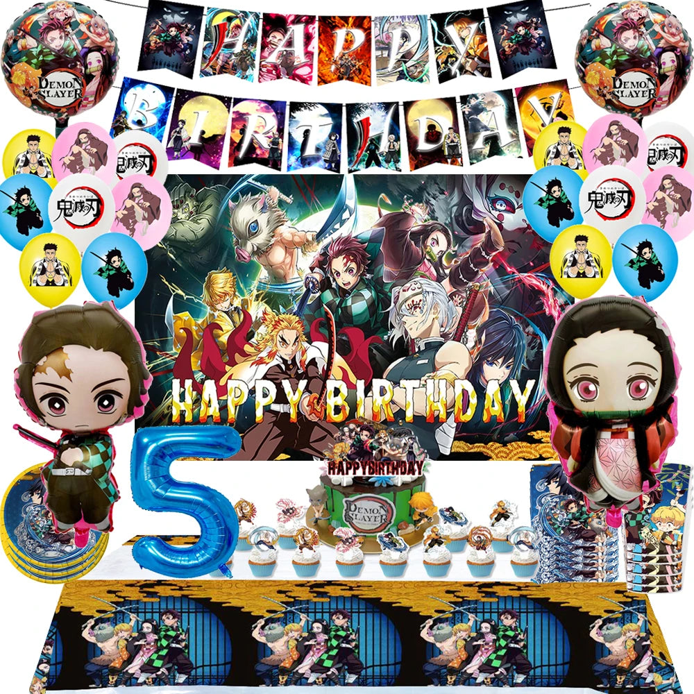 Demon Slayer Kimetsu No Yaiba Birthday Party Kit - Complete Tableware Supplies, Latex Balloons, Background Banner, Cake Topper & Toys