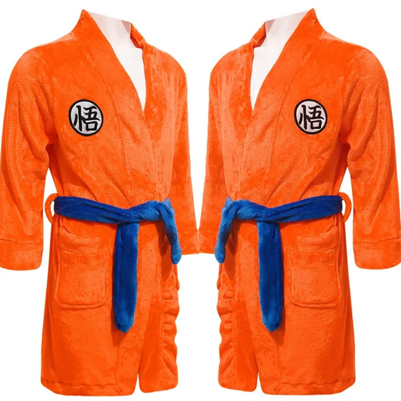 Dragon Ball Goku Themed Flannel Bathrobe - Unisex Adult Anime Sleepwear & Night Robe - Casual Home Clothing