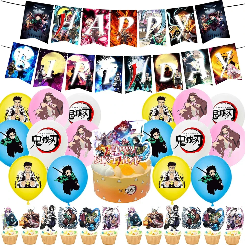 Demon Slayer Kimetsu No Yaiba Birthday Party Kit - Complete Tableware Supplies, Latex Balloons, Background Banner, Cake Topper & Toys