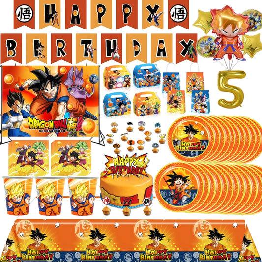 Goku Dragon Ball Theme Party Supplies - Monkey King Birthday Decorations Set - Includes Tableware, Tablecloth, Plates, Balloons & Baby Shower Toy Gifts