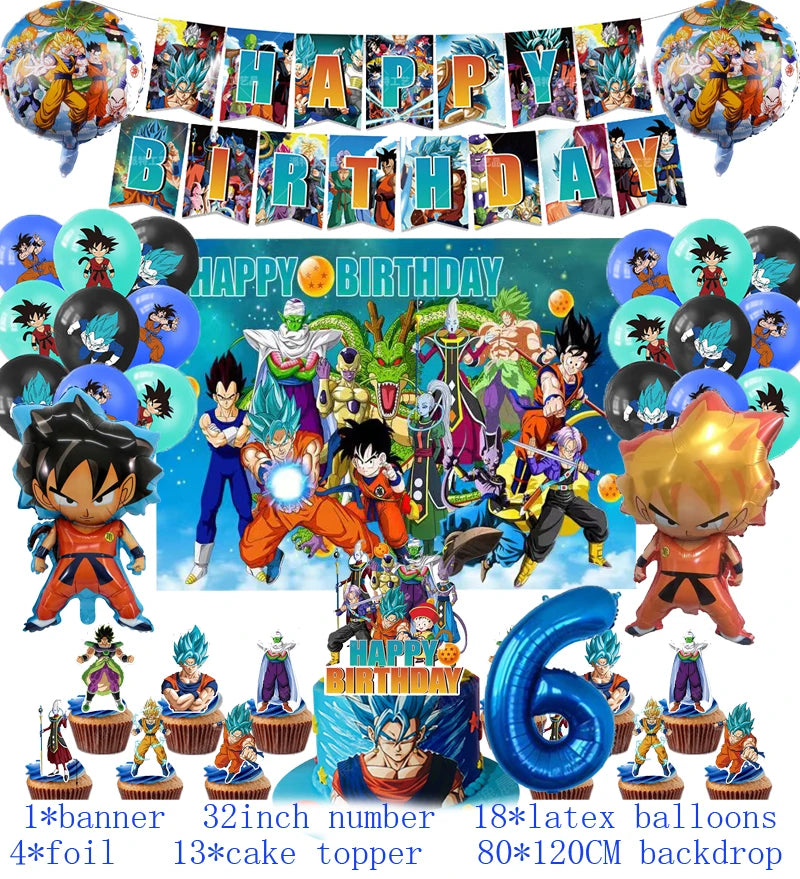 Anime Dragon Ball Birthday Party Decor Set - Includes Latex & Dragon Foil Balloons, Photo Backdrop Banner, Cake Topper - Perfect for Baby Showers & Celebrations