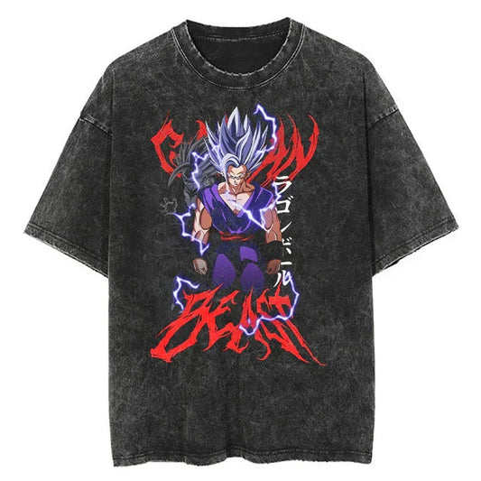 Dragon Ball Anime Graphic T-Shirt - Hip Hop Streetwear for Men - Washed Cotton, Oversized Summer Top - Vintage Style Short Sleeve Tee