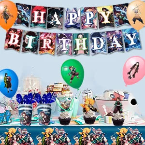 Demon Slayer Birthday Party Kit - 112pcs Complete Decorations & Tableware Set - Includes Banner, Balloons, Plates, Backdrop & More