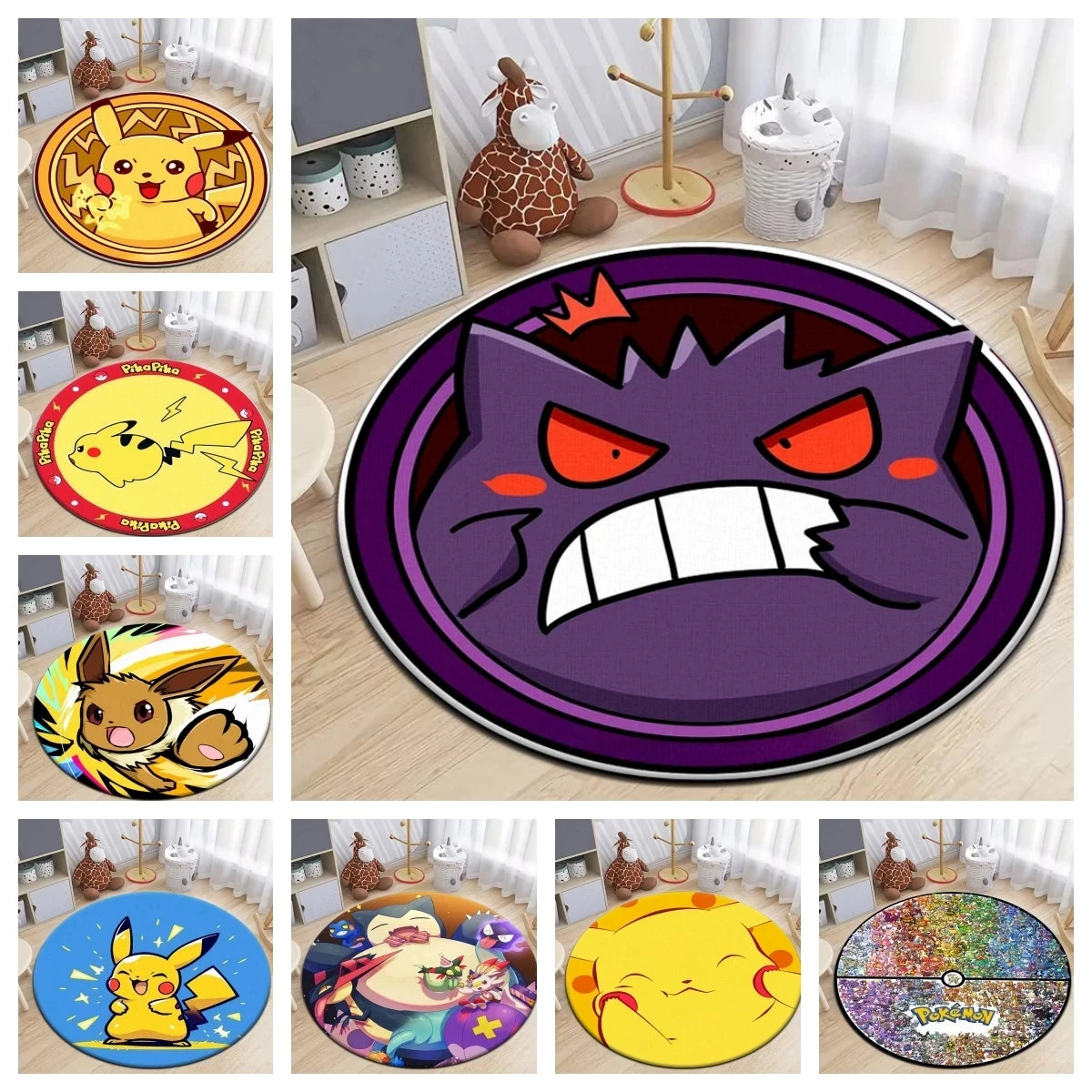 Pokémon Round Carpet - Cute Cartoon Printed Mat for Bedroom, Living Room, and Door - Retro Anime Area Rug for Picnic and Home Decor