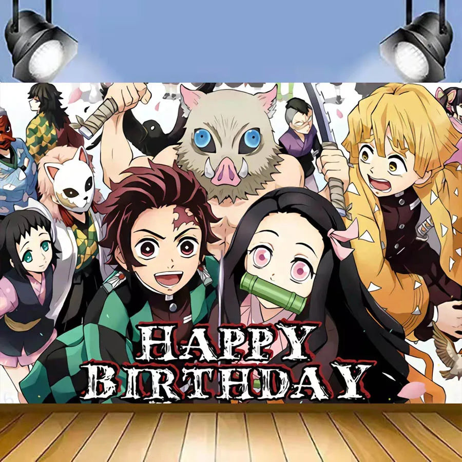 Demon Slayer Kimetsu No Yaiba Birthday Party Kit - Complete Tableware Supplies, Latex Balloons, Background Banner, Cake Topper & Toys