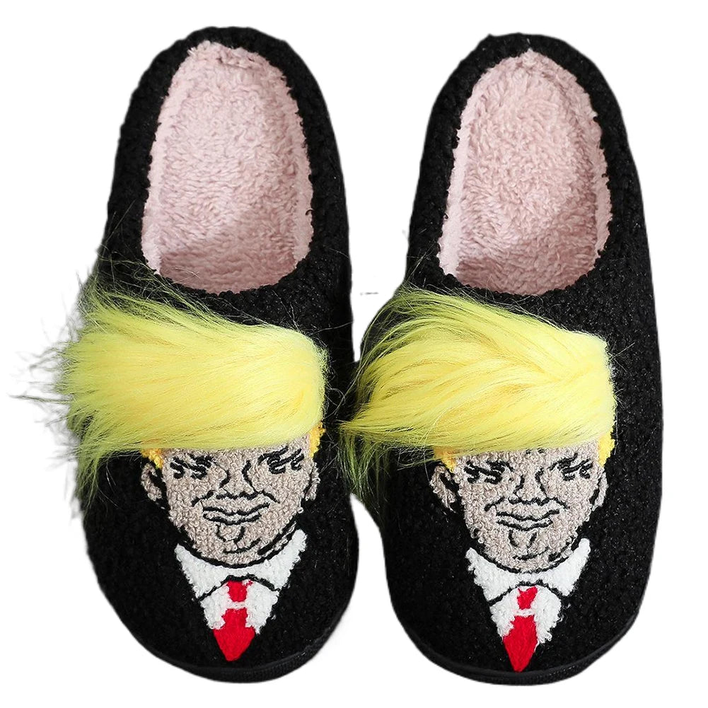 Funny Trump Wig Plush Slippers - Comfortable Fluffy Thermal Home Slippers with Creative 3D Fake Hair - Furry Winter Footwear