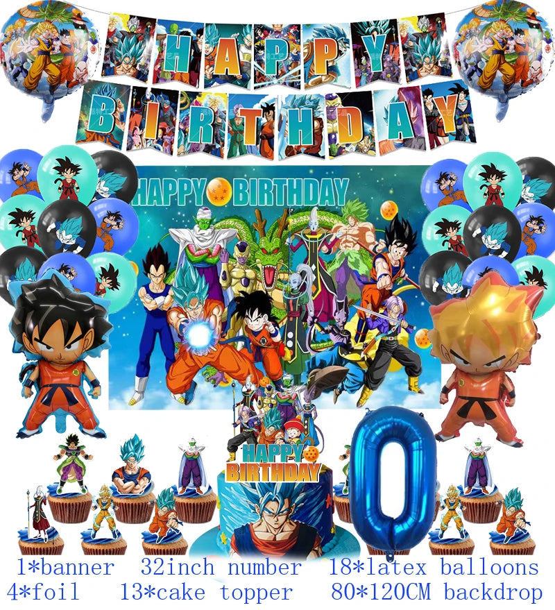 Anime Dragon Ball Birthday Party Decor Set - Includes Latex & Dragon Foil Balloons, Photo Backdrop Banner, Cake Topper - Perfect for Baby Showers & Celebrations