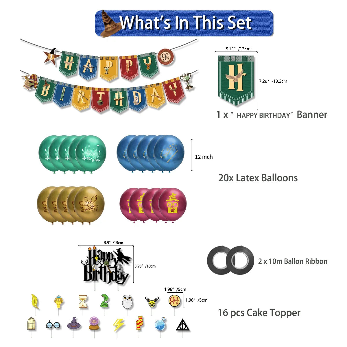 Harry Potter Hogwarts Birthday Party Supplies Set - Disposable Banner, Cake Topper, Hanging Flags & Balloons - Magical Wizard Theme Decorations