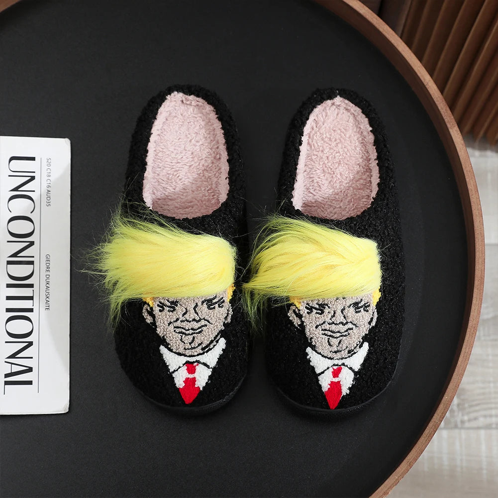 Funny Trump Wig Plush Slippers - Comfortable Fluffy Thermal Home Slippers with Creative 3D Fake Hair - Furry Winter Footwear