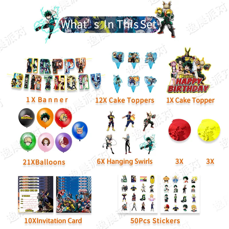 My Hero Academia Party Supplies Set - Includes Balloons, Flags, Cake Toppers - Birthday & Baby Shower Decorations - Kid-Friendly Anime Air Globos