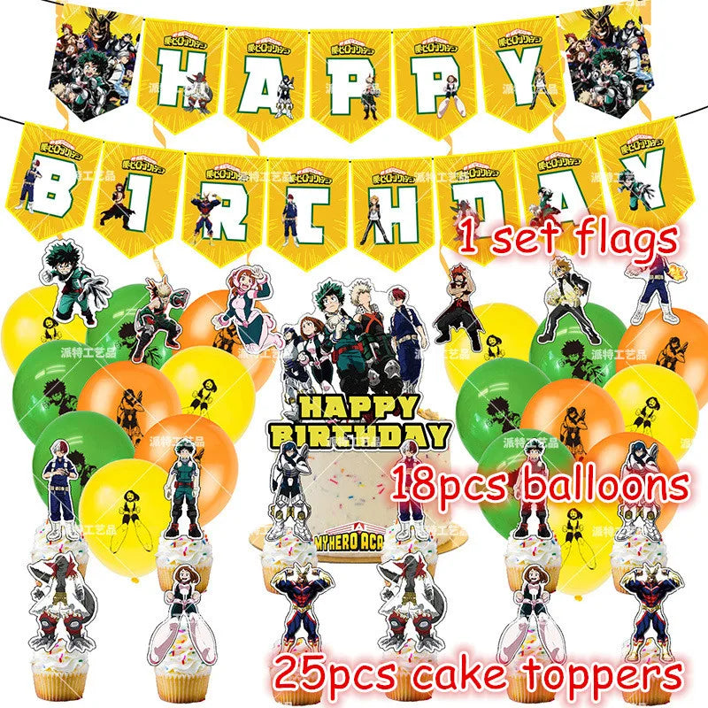 My Hero Academia Party Supplies Set - Includes Balloons, Flags, Cake Toppers - Birthday & Baby Shower Decorations - Kid-Friendly Anime Air Globos