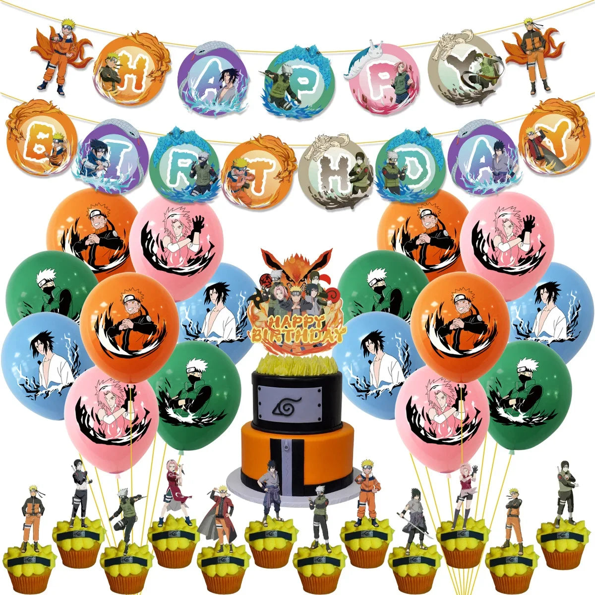 Cool Naruto Anime Birthday Party Set - Disposable Cake Topper, Hanging Flags, Balloon Suits - Complete Decorations for Naruto-Themed Celebration