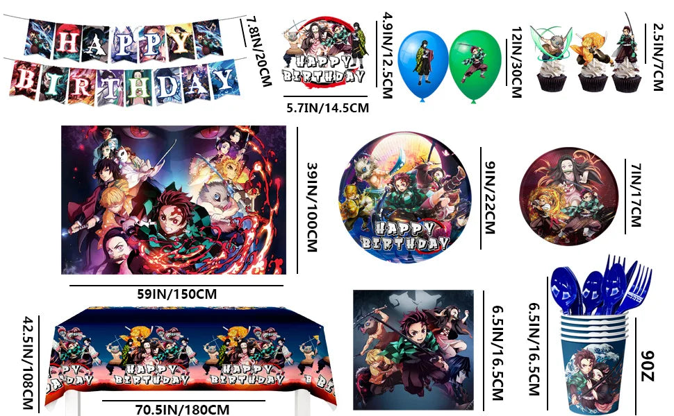 Demon Slayer Birthday Party Kit - 112pcs Complete Decorations & Tableware Set - Includes Banner, Balloons, Plates, Backdrop & More