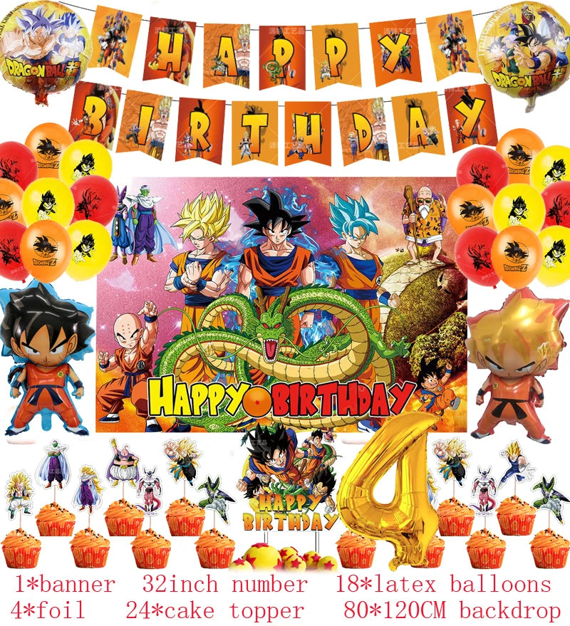 Anime Dragon Ball Birthday Party Decor Set - Includes Latex & Dragon Foil Balloons, Photo Backdrop Banner, Cake Topper - Perfect for Baby Showers & Celebrations