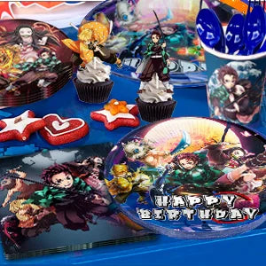 Demon Slayer Birthday Party Kit - 112pcs Complete Decorations & Tableware Set - Includes Banner, Balloons, Plates, Backdrop & More